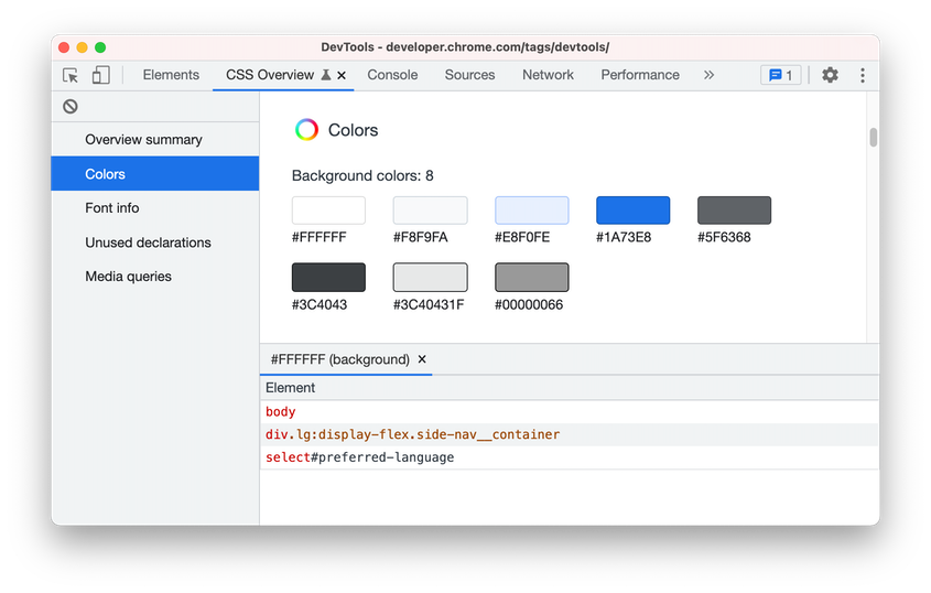 CSS Overview panel in Blisk 18.0.194.12