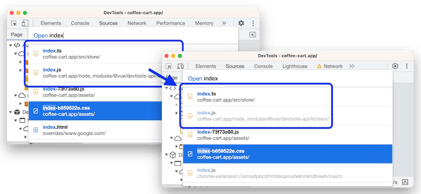 An ignore-listed script in the quick open dialog before and after the change