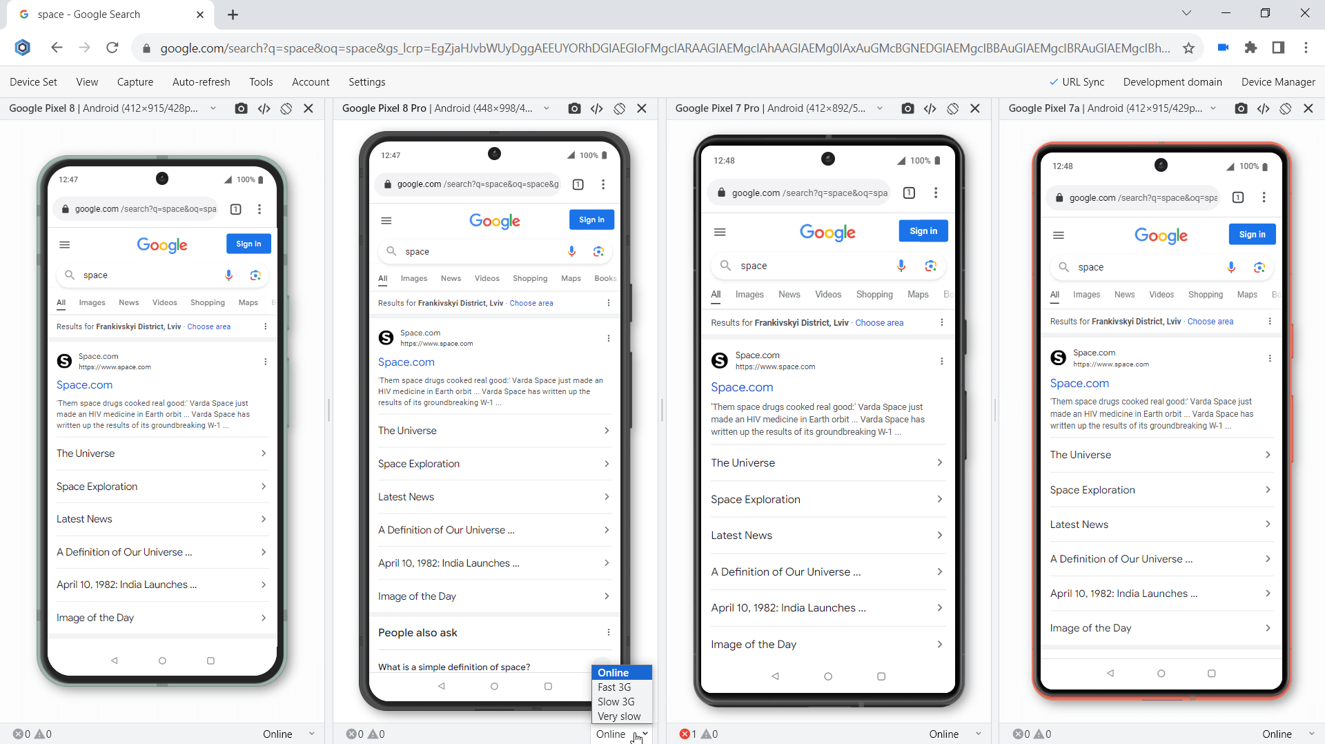 Slow connection test on Google Pixels 7-8 series